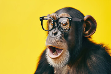 Surprised chimpanzee wear glasses on bright yellow background - obrazy, fototapety, plakaty