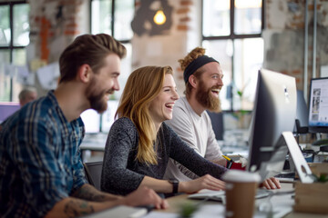Three people are laughing and smiling while working on a computer