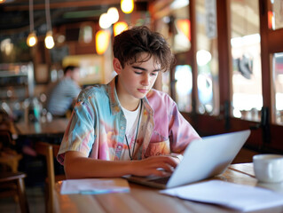 Teenager working outside the office with a laptop at a coffee shop Unlimited space for creating work.