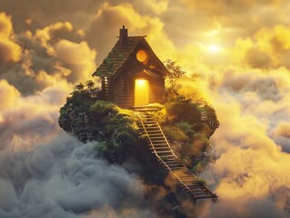 3D Illustrate of A floating cloud hut illuminated by the golden hour light