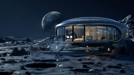 3D Illustrate of A glass house with a 360-degree view located on a lunar crater