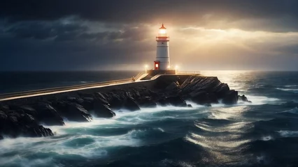 Rolgordijnen A night filled with storms, a lighthouse guiding through crashing waves under a foreboding sky. Generative AI © Oranok