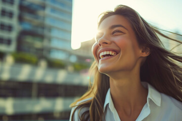 A woman with long hair is smiling and looking up at the sun