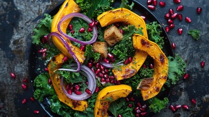 Roasted pumpkin slices on kale salad with red onions and pomegranate on a dark plate