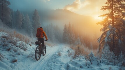 cyclist rides through the winter forest - obrazy, fototapety, plakaty