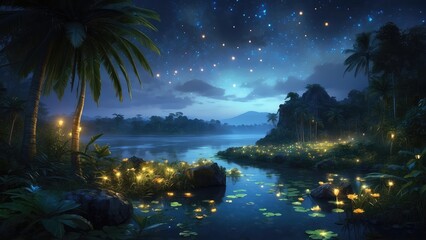 night view with stars and mountains in the middle of the forest