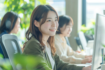 A woman is smiling at the camera while sitting at a computer
