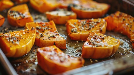 Roasted butternut squash halves with herbs. Close-up culinary photography.