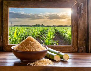 Natural sugarcane harvest, raw sugar, scenic sunset backdrop - obrazy, fototapety, plakaty