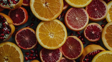 Assorted citrus fruits sliced and arranged on a dark background.