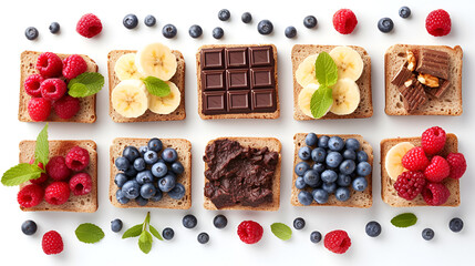 Various sweet sandwiches with blueberries, raspberries, nut paste, chocolate and bananas. generative ai  - obrazy, fototapety, plakaty