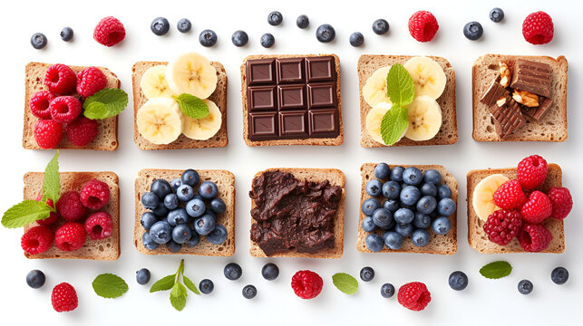 Various sweet sandwiches with blueberries, raspberries, nut paste, chocolate and bananas. generative ai 