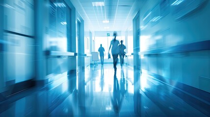 Blurred interior of doctor and patient people in hospital corridor for background.