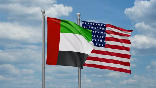 USA and United Arab Emirates or UAE two flags waving together, looped video, two country cooperation concept
