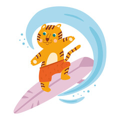 Animal surfing. Vector cute surfer tiger on surfboard. Funny summer sport illustration, leisure, beach activity design hand drawn in childish style. Funny surfer isolated element. - 760401391