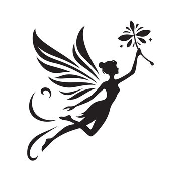 Fairy Vector Silhouette for Whimsical Designs, Magical Projects, and Enchanting Decoration. Black Fairy Illustration, Fairy Vector.
