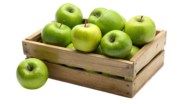 Green apples in wooden crate. isolated on transparent background.