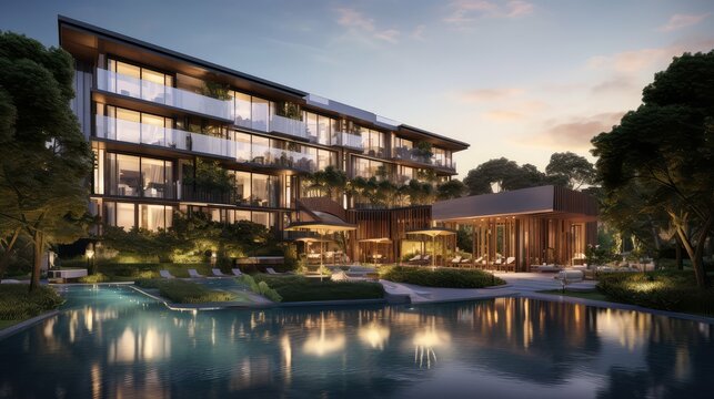 modern estate condominium building illustration amenities location, views spacious, security concierge modern estate condominium building