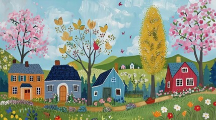 Obraz przedstawia domy i drzewa malowane w polu ożywonym wiosennymi barwami. Ujęcie ukazuje szczegóły architektury i przyrody w harmonijnej kompozycji. - obrazy, fototapety, plakaty