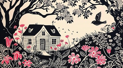 Obraz przedstawia uroczą chatkę otoczoną drzewami i kwiatami wiosną, w kolorach czerni na białym tle. W pierwszym planie widać czerwone kwiaty, które otaczają dom. Linocut print.