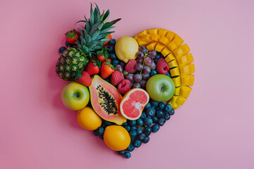 A heart made of fruit and vegetables. The heart is made of a variety of fruits and vegetables including bananas, strawberries, oranges, and kiwis
