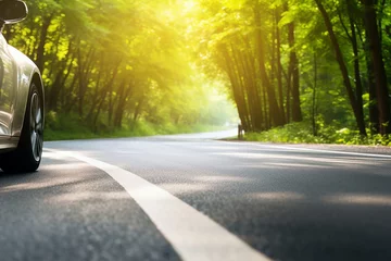 Fototapeten Empty asphalt road and speed motion blur on highway in summer with green trees forest at countryside © Robby
