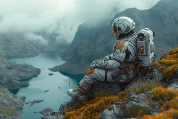 Astronaut sitting on a rocky terrain overlooking a lake with a surreal sky. - obrazy, fototapety, plakaty