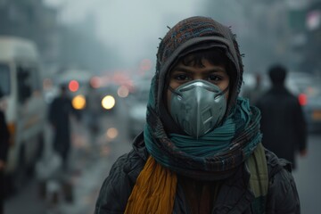 A woman wearing a scarf and a mask stands in the street. The scene is blurry and dark, with a sense of unease and discomfort