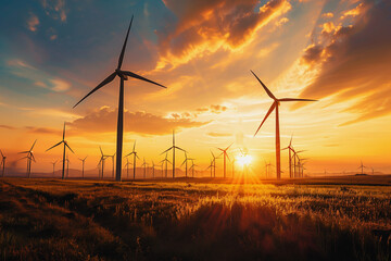 A large group of wind turbines are in a field with a beautiful sunset in the background. Scene is serene and peaceful, as the turbines are harnessing the power of the wind to generate electricity