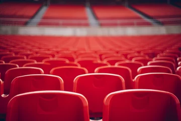 Foto op Aluminium Football stadium with empty seats. Outstanding empty red plastic chair at soccer arena. Row of unoccupied bench at sports stadium. Reserved seating for football game concept. Outdoor audience chairs © Robby