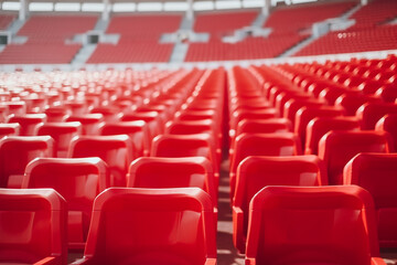 Football stadium with empty seats. Outstanding empty red plastic chair at soccer arena. Row of unoccupied bench at sports stadium. Reserved seating for football game concept. Outdoor audience chairs