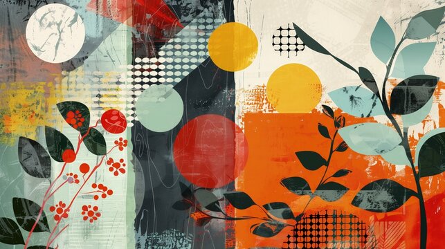 Geometryczna abstrakcyjna kompozycja kwitnących roślin w świetle księżyca, dużo kolor&oacute;w i kształt&oacute;w. Koła i kwadraty.