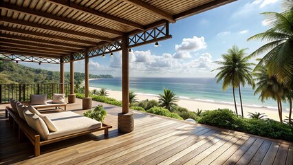 Obraz premium Balinese style timber deck overlooking the ocean
