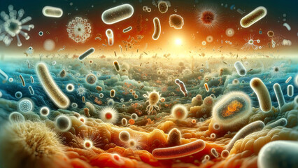 Microbial Sunset: A Vivid Depiction of Bacteria and Microorganisms Digital Artwor