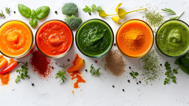 Various vegetable puree in glasses on white background. generative ai 