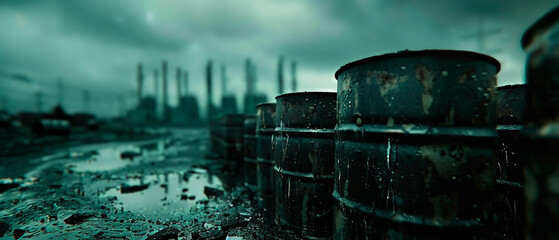 Economic fallout in oil sector, close-up, oil barrels, gloomy skies, cinematic - obrazy, fototapety, plakaty