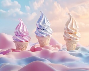 3D melting ice cream, pastel minimal backdrop, essence of summer