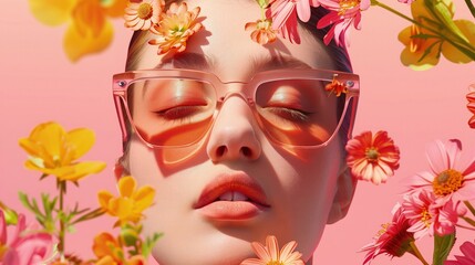Spełniona kobieta nosi brzoskwiniowe okulary i ma kwiaty na głowie w otoczeniu wiosennych klimatów na różowym delikatnym tle. - obrazy, fototapety, plakaty