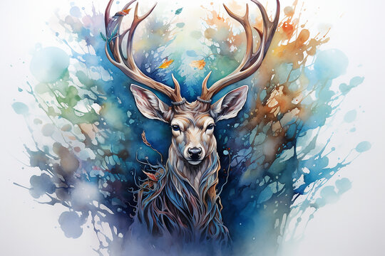 Deer with spreading antlers watercolor painting