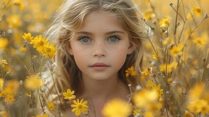 Portrait of a young girl surrounded by yellow daisy flowers.