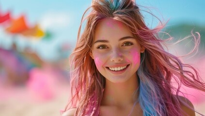 Closeup portrait of a beautiful young woman with pink hair on the beach
