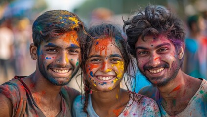 Three young friends covered in colorful powder celebrating Holi.