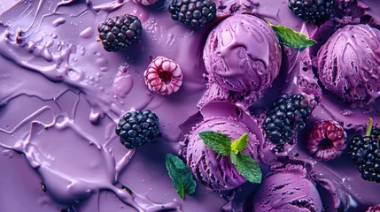Gordijnen Purple ice cream with fresh blackberries and cosmos flowers on a textured lavender background © Julia Jones