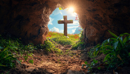 Cross in the cave. Christian cross in the cave. Religion concept