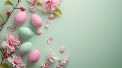 Decorated Easter eggs among pink cherry blossoms on pastel green background.