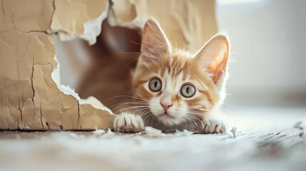 cute cat comes out from behind the wall