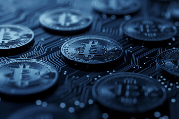 A bunch of black coins with the letter B on them. The coins are arranged in a pattern on a black background