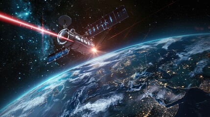 Satellite shooting laser over Earth from space. Digital art with space technology theme