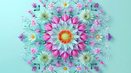 Na niebieskim tle znajduje się kolorowy bukiet świeżych kwiatów tworzący wzór mandali. Składa się z różnych odmian i kształtów. Kwiaty prezentują intensywne kolory i są ułożone w harmonijny sposób.