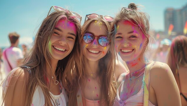 Group of friends having fun at the Holi color festival